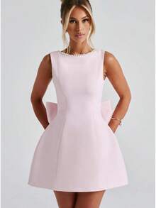 New Summer Women's Pearl Bow Back Fashionable Slim Fit Short Dress Hot Girl A-Line Dress - Pink - View 5