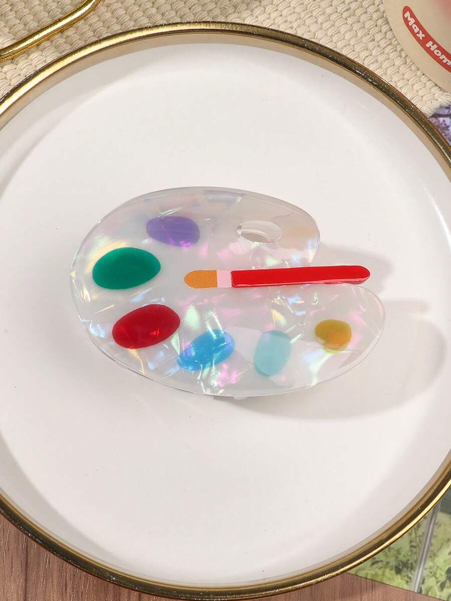 1pc Palette-Shaped Brush With Red Handle And Orange Bristles, Iridescent Transparent Acrylic Material, Colorful Holographic Sheen, Artistic Vintage Vibe, Whimsical Girlish Style, Unique Personalized, Versatile Hair Claw Clip For Volume And Flyaways Summer Vacay Hair Accessories - Multicolor - View 1