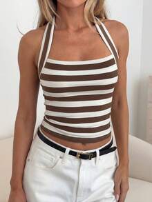 GAOVOT Women's Casual Vintage Sexy Striped Camisole, Suitable For Street And Commute In Summer - Brownish White - View 5