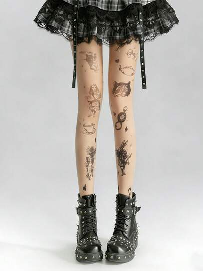 1 Pair Women's Alice In Wonderland Print Sheer Pantyhose, High Stretch Tattoo-Style Stockings, Perfect For Gothic Lolita & Cosplay Outfits