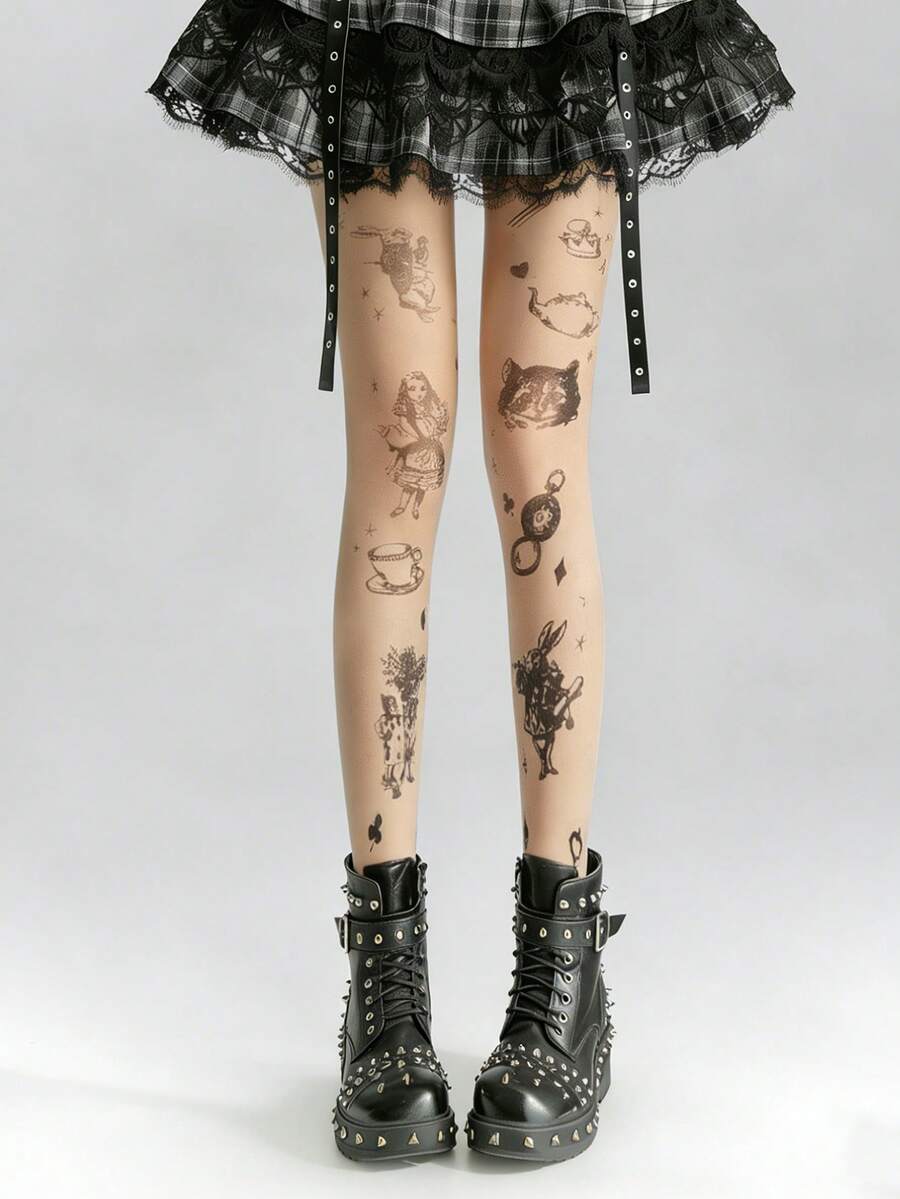 1双女士爱丽丝梦游仙境印花透明连裤袜，高弹力纹身式丝袜，完美搭配哥特萝莉和角色扮演服装 - 彩色 - 查看 1