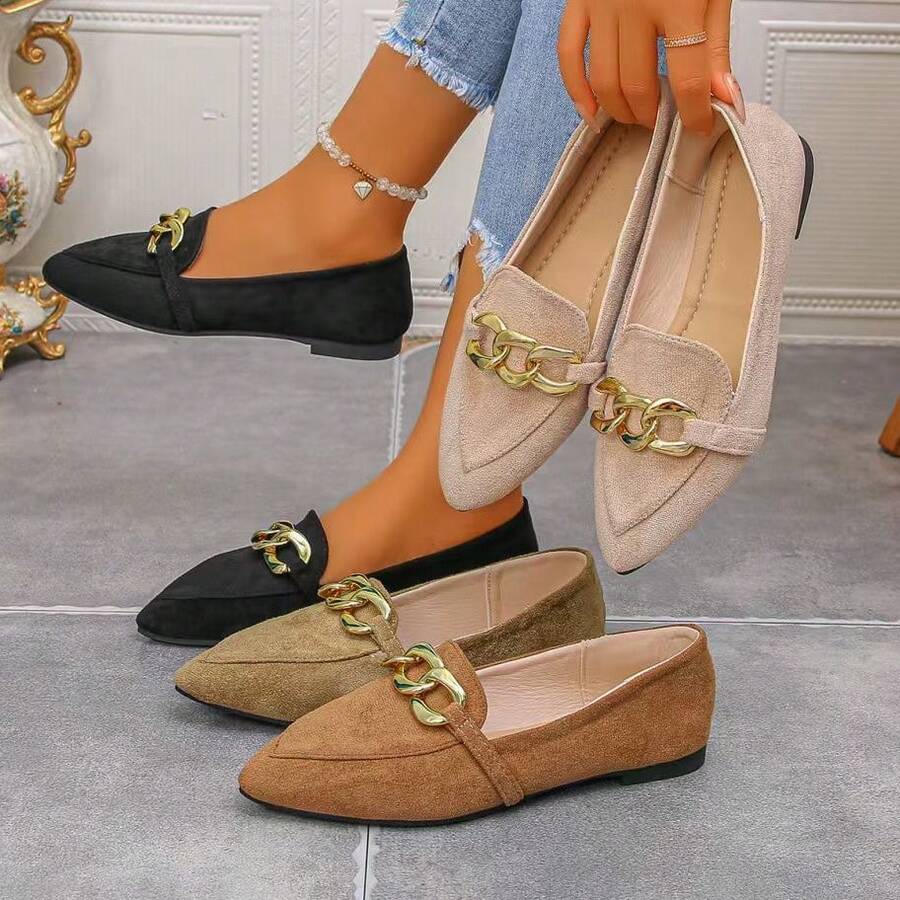 Zapatos planos casuales para mujer con decoración de cadena dorada, punta afilada, adecuados para uso al aire libre en primavera/otoño, trabajo y uso diario