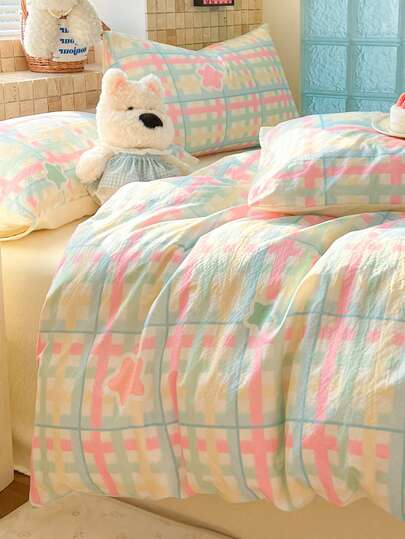 Macaron Star Pattern 4-Piece Bedding Set, Rainbow Girl Duvet Cover Set, Dopamine Contrast Color, Skin-Friendly Breathable Naked Sleep Bedding, Premium Double-Layer Gauze Fabric, Soft & Cozy, Healing Atmosphere, Includes 1 Duvet Cover, 1 Flat Sheet, 2 Pillowcases (Pillow Inserts Not Included), Fits Various Bed Sizes, Ideal For Rental/Bedroom Renovation