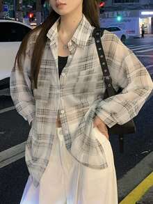 Áo sơ mi dài tay nữ họa tiết kẻ caro tối giản, phong cách thường ngày. - trắng - Xem 4