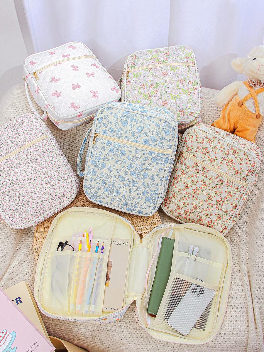 1pc Large Kids Book Protector, Kids School Supplies Case, Bible Book Protector, Quilted Bible Bag, Spacious Portable Dustproof Book Cover, Floral Pattern Bible Organizer Bag (Quilted Organizer With Handle), Book Protector, Home Organizer With Zipper Bag And Handle, Bible Study Supplies, Teacher Gift, Back-To-School Gift, Cute Birthday Gift For Girls - Multicolor - View 1
