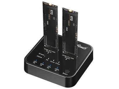 Rosewill M.2 NVMe Clonador + Borrador, Duplicador M.2 Doble Bahía NVMe, Adaptador SSD a USB sin herramientas 20Gbps USB3.2 Gen 2X2, Estación de Acoplamiento M.2 para Lector de SSD NVMe PCIE Clave M, Clonación y Borrado Fuera de Línea - RS-N2-CLE