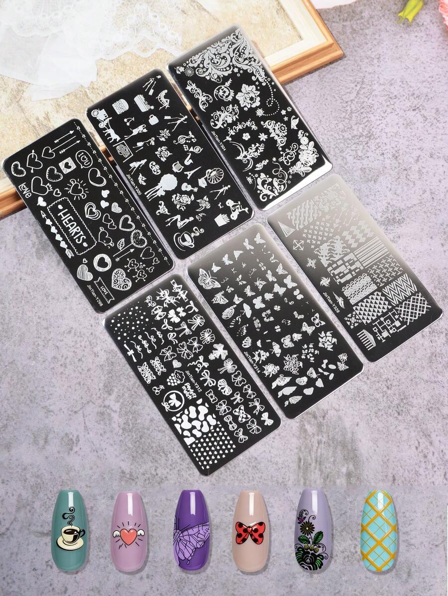 Bộ 6 khuôn dập móng nghệ thuật, họa tiết bướm, trái tim, hoa và nơ. - Bạc - Xem 1