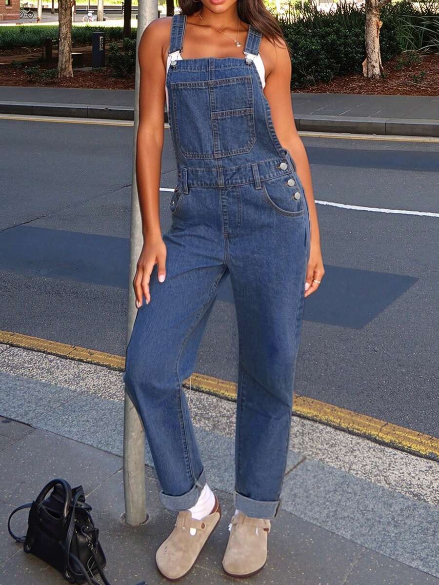 Women's Casual Denim Bib Pants - Adjustable Straps, Front Chest Pockets, Loose Jumpsuit, Soft & Comfortable Fabric