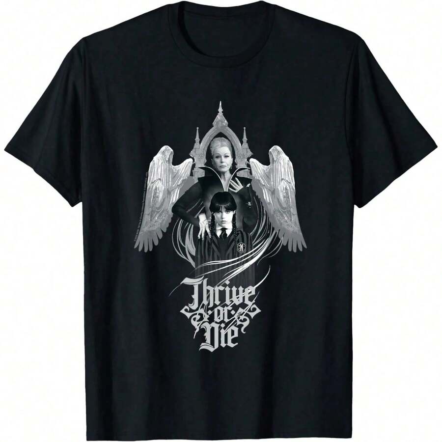 Wednesday Season 2 Thrive Or Die Grandmama & Wednesday T-Shirt Manga Sweatshirt,Short Sleeved Single-Sided Printed T-Shirt,Pullover Style Shirt,Retro Hip-Hop Style,Street Style,Machine Washable,Spring Summer Top, Relaxed Fit Tee, Patterned Printed Short Sleeved Top T-Shirt - 黑色 - 查看 1