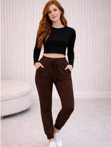 Women's High-Waisted Jogger Pants - Warm, Soft, And Comfortable - Rust Brown - View 3