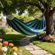 Heavy Duty Woven Rope Hammock, Sturdy Anti-Tipping Design, Suitable For Adults And Children Outdoor Leisure Use, Beautiful Blue-Green Striped, Soft Texture, Perfect For Backyard Napping, Vacation Atmosphere, Outdoor Furniture, Holiday Essential, Gardening, Sensory, Camping Gear - Multicolor - View 5