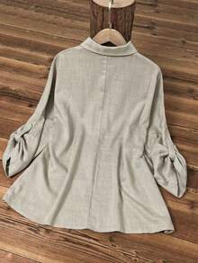 Women's Casual Linen Solid Color Rolled Cuff Button Detail Turndown Collar Long Sleeve Cardigan Spring - Grey - View 7