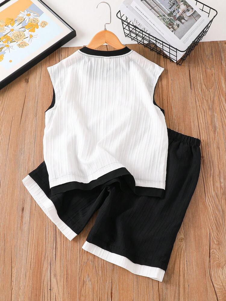 Boys' Summer Sleeveless Vest & Shorts Set, Big Kids Comfortable Fabric, Simple Chic Design With Leather Label Decor, Contrast Color Collar & Hem, 2pcs - Black and White - View 2