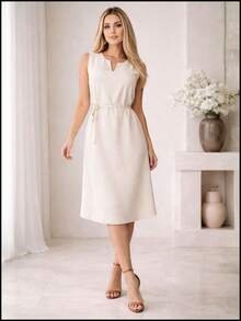Women's Elegant Linen Midi Dress With Adjustable Drawstring, Casual, Summer, Winter, Timeless, Stylish, Boho, Party, Linen Tie-Drawstring, Evening, Daily, Work, Conference, Office, Timeless - Light Beige - 查看 1