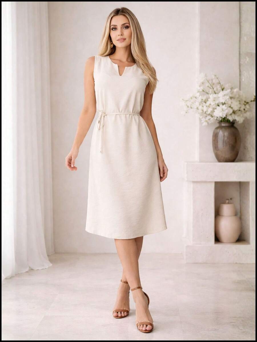 Women's Elegant Linen Midi Dress With Adjustable Drawstring, Casual, Summer, Winter, Timeless, Stylish, Boho, Party, Linen Tie-Drawstring, Evening, Daily, Work, Conference, Office, Timeless - Light Beige - 查看 1