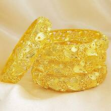 1/4pcs Vintage Geometric Hollow Bangle Bracelet, Wide Carved Cuff Bracelet, Suitable For Party And Wedding Gift - Yellow Gold - View 2