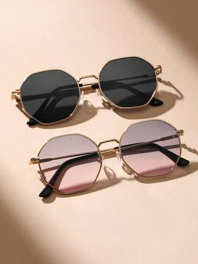 2pcs Copper-Tone Geometric Pattern Minimalist Fashion Glasses Set, Suitable For Daily Life, Music Festivals, Vacations, Outdoor Activities, And Travels