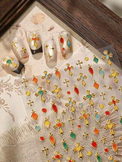 1pc 5D Metal Nail Stickers, Retro Crystal Nail Stickers, Luxury Gold-Plated Nail Decorations, DIY Self-Adhesive Nail Stickers, Durable & Easy To Apply Nail Stickers, Suitable For Women And Girls