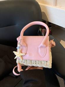 Straw Starfish Handbag, Cute Mini Crossbody Bag, Gentle Vacation Style Small Purse - Pink - View 9