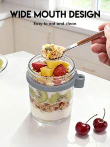 16oz/500ml [1/2 Gói] Yến Mạch Ngâm Chua Trong Hũ Thủy Tinh Có Nắp Có Thìa, Hộp Yến Mạch Kín Có Vạch Đo, Hộp Ngũ Cốc Di Động - Xám/1 cái - Xem 5