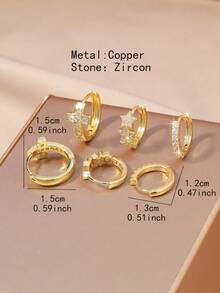 6pcs Set Elegant Luxury Cubic Zirconia Earrings For Women, 18K Gold Plated Copper Cross, Star, Fish Tail, Plain Circle Design, Suitable For Dates, Parties, Gifts - Gold - View 10