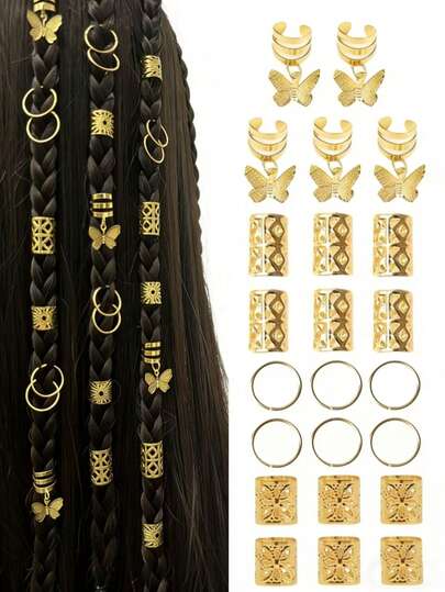 35pcs Butterfly Hair Jewelry Set – Gold Hair Cuffs, Dreadlock Beads & Hair Rings For Braids, Boho Loc Accessories