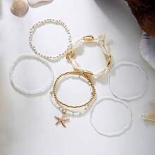 Set de 6 piezas de pulseras de playa de verano con conchas, cuentas, estrella de mar dorada, perla, accesorios de joyería de estilo bohemio, perfectos para vacaciones en la playa - Multicolor - Ver 3