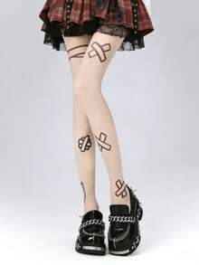 1双女士可爱卡通印花透明尼龙连裤袜，超薄透明朋克风丝袜，街头时尚腿部服饰，适合日常和派对造型 - 彩色 - 查看 9