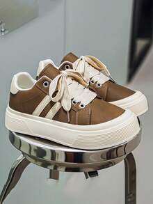 Men's Retro American Casual Thick-Soled Sneakers, Autumn/Winter Faux Leather Striped Patchwork Low-Top Casual Shoes, Campus, Commute, Daily Wear, , Durable, Non-Slip - Khaki - View 3