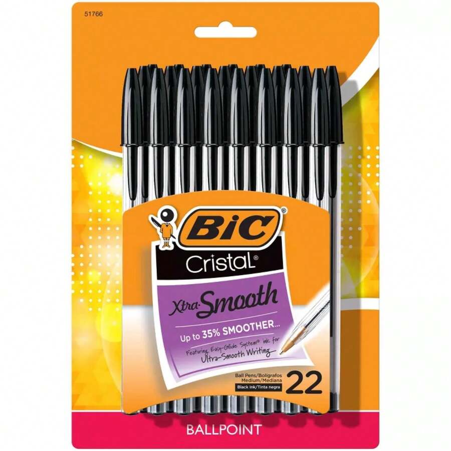 Note Taking,Comfort Grip,BIC Cristal Xtra Smooth Ballpoint Pens, 22ct - Black: Smooth Writing, Stationery, Office Supplies, 1.0mm Point SizeJournaling,No Bleed Through,Minimalist Design,Quick Dry - 1 - View 1