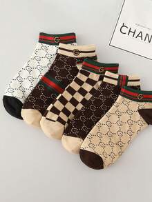 1/5 Pairs Men's Fashionable Low-Cut Socks, Men's Fashion Crew Socks With Classic GG Pattern, Luxury Style Cotton Socks, Breathable And Soft For All Seasons - Multicolor - View 8