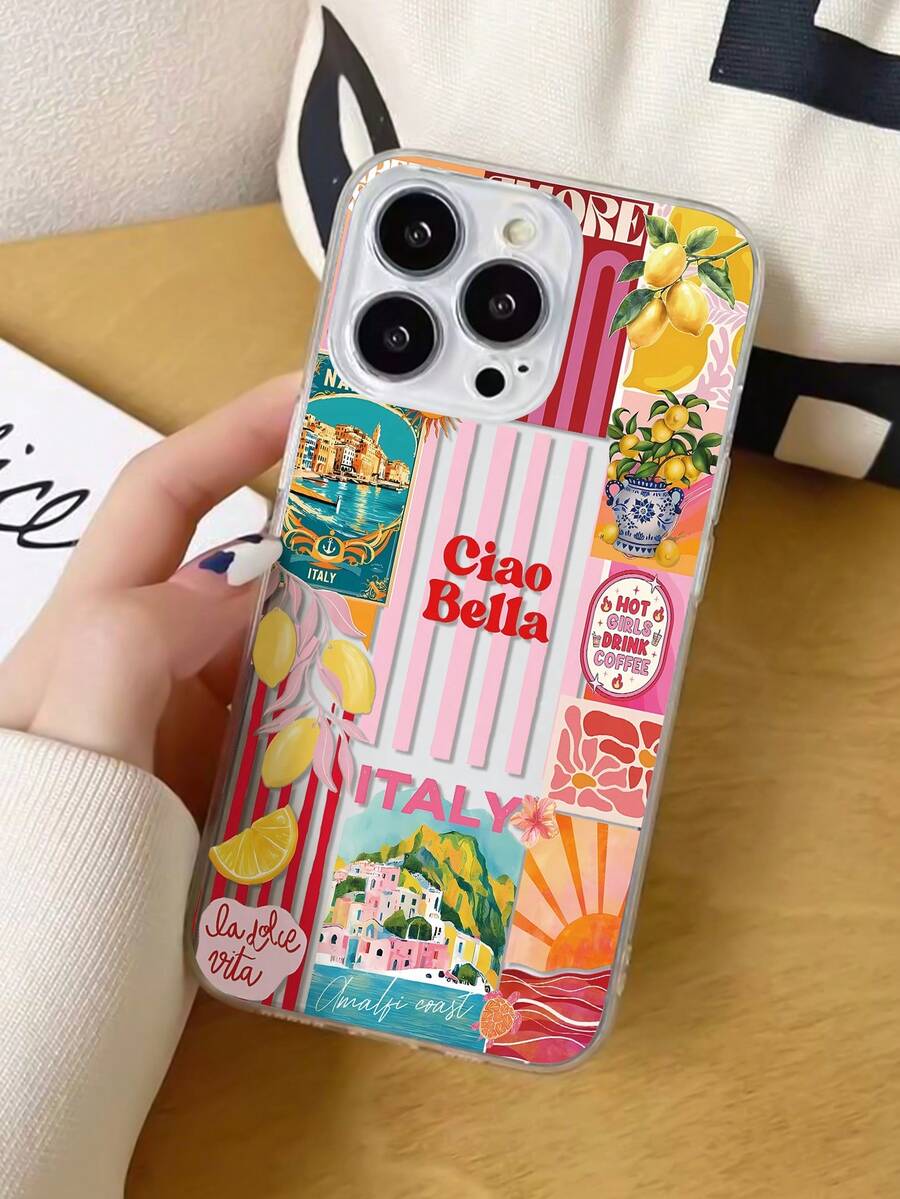 Vacation Style TPU Fashion Slogan 1pc Summer Building & Lemon Slogan Graphic Full Coverage TPU Phone Case, Compatible With IPhone 16/16Pro/16Plus/16ProMax, 11/11Pro/11ProMax, 12/12Pro/12ProMax, 13/13Pro/13ProMax, 14/14Plus/14Pro/14ProMax, 15/15Pro/15Plus/15ProMax Gift Party - Multicolor - View 1
