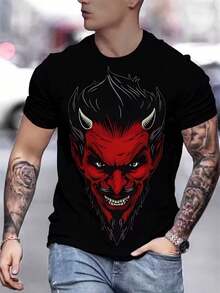 Camiseta Oversized Y2K con Estampado de Cara de Diablo en Rojo con Detalles de Cuernos y Dientes Afilados, Perfecta para Streetwear y Hip-Hop, Regalo de Estilo Gótico Casual para Tallas S, Lavable a Máquina - Negro - Ver 7