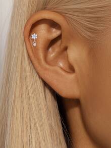 EleRunis 1PC 0.1ct Moissanite Diamond 925 Sterling Silver Flower 18K Gold Plated Flat Back Cartilage Helix Threaded Piercing Fine Jewelry For Daily Wear Wedding Party Engagement Anniversary Valentine's Day - Silver - View 2