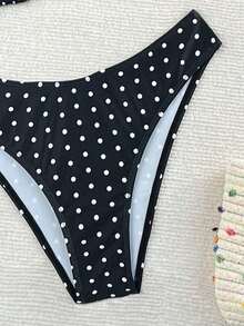 Swim Mod 2026 Spring/Summer Women's Spaghetti Strap Halter Neck Black Base White Polka Dot Random Print Sweet Cute Side High Cut Bikini Swimsuit 2-Piece Set - 黑與白 - 查看 4