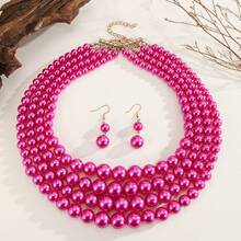 1 Set Handmade Multi-Layer Exaggerated Faux Pearl Beaded Necklace, Bohemian Style Beach Resort Party Middle Eastern Evening Banquet South Asian Fashion Elegant Women Jewelry Necklace & Earrings - Hot Pink - View 6