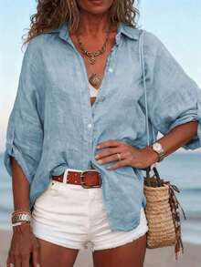 Camisa de mujer casual de lino de unicolor con mangas enrollables y detalles de botones, de manga larga, para primavera - Azul - Ver 3