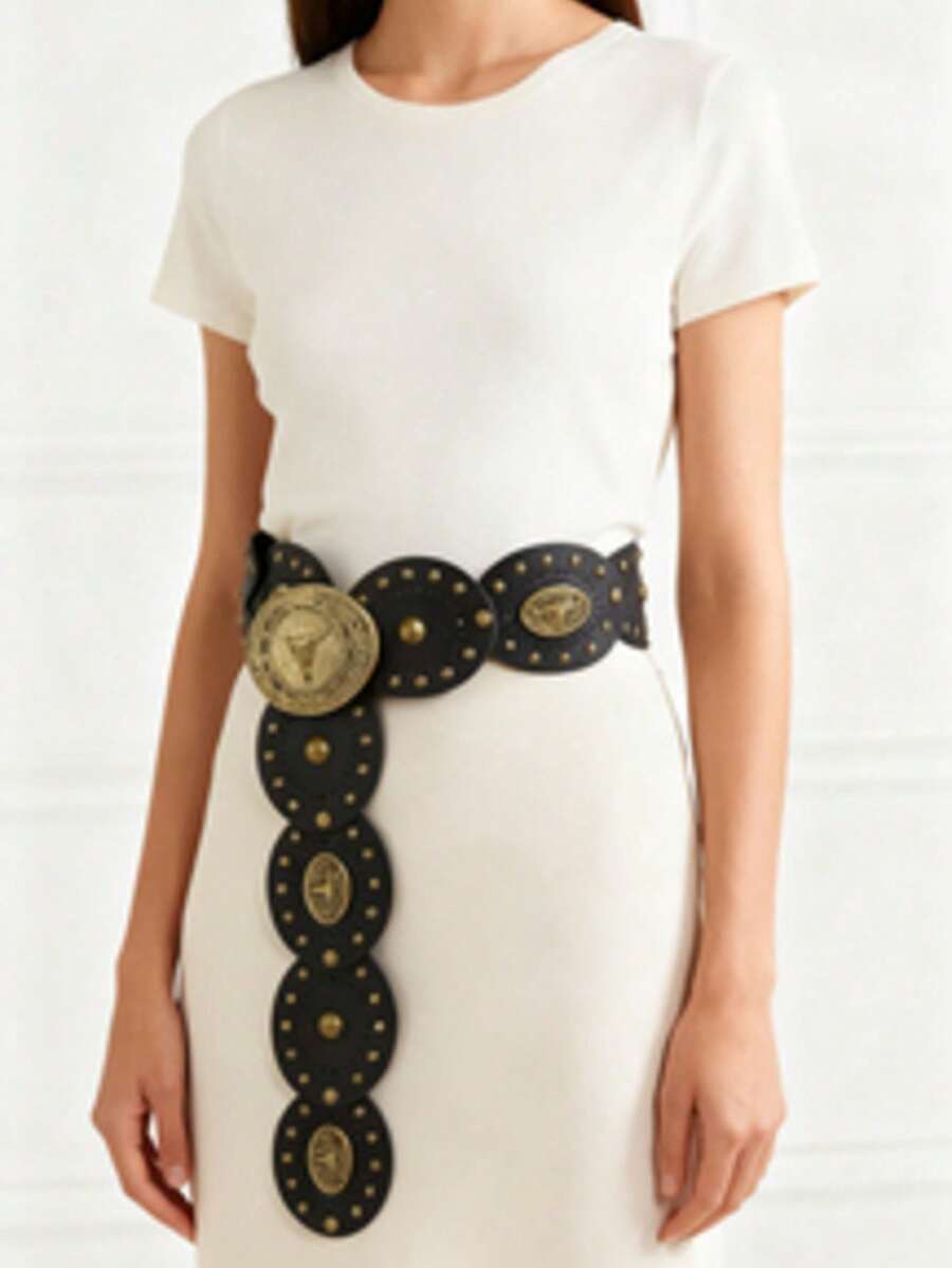 1pc Women's Bohemian Style Black Patchwork Vintage Metal Belt, Suitable For Dresses, Jeans, Music Festivals, Commuting - Bull Head Metal Belt Black - View 1