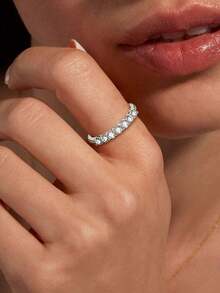 XUJIA 1 chiếc nhẫn cưới nữ bằng bạc sterling 925 đính 7 viên đá Moissanite tròn 3mm, kiểu dáng thời trang, thích hợp làm quà tặng kỷ niệm/sinh nhật. - Bạc - Xem 3