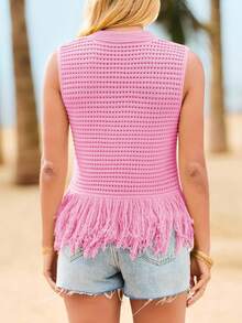 Saodimallsu Womens Crochet Crop Tops Sleeveless Fringe Crew Neck Boho Knit Summer Sweater Vest - Màu vàng - Xem 4