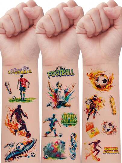 12张闪光足球主题临时纹身贴纸，包含118种卡通足球运动员、奖杯和体育场元素图案。这些趣味闪亮的艺术纹身贴纸防水，可持续2-5天。