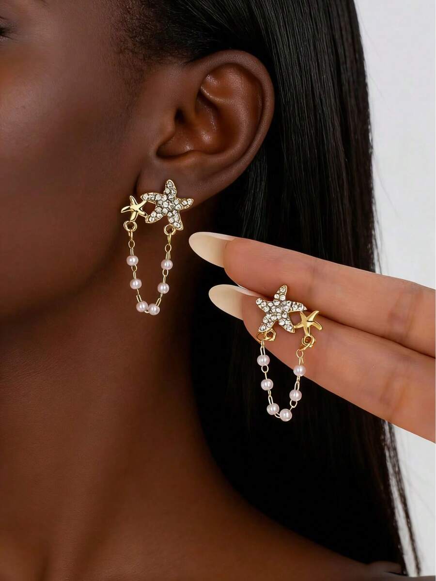 1 Pair Fashion Tassel Shell Starfish Faux Pearl Stud Earrings, Suitable For Women's Party, Date, Daily Wear - Starfish Pearl Earrings - View 1