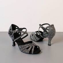 7.5cm Cuban Heel Professional Women's Latin Dance Shoes, Comfortable Soft Sole Salsa Tango Training Shoes, Non-Slip Durable Indoor Party Sandals, Women's Silver Wedding Shoes With Sparkling Rhinestones - Black - View 9