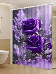 1/4件装薰衣草和2朵玫瑰花卉浪漫印花艺术派对装饰浴帘，酒店公寓浴室浴帘套装包含浴帘、防滑垫、马桶盖套、浴垫和12个塑料挂钩，浴室干湿分离帘，家居必备 - A - 查看 9
