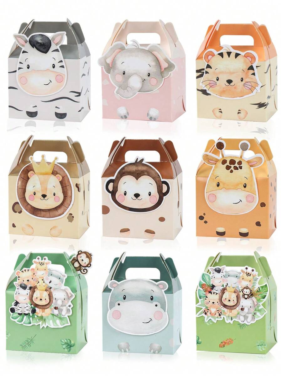 9个丛林动物主题带提手礼盒，迷你手持礼盒，丛林动物主题生日派对礼品袋，婴儿派对礼品包装用品，新生儿派对甜巧克力糖果袋，性别揭晓派对糖果袋，迎婴派对餐桌装饰，一周岁生日派对用品，生日派对装饰，生日装饰品，婴儿派对装饰，性别揭晓派对装饰，生日礼物，丛林主题派对装饰