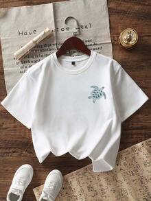 Teen Girl Turtle & Alphabet Print Round Neck Short Sleeve T-Shirt, Casual Summer Top - White - View 4