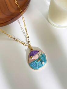 1件海洋风不对称蓝色贝壳和椭圆形珍珠镶嵌不锈钢鱼尾18K镀金项链，防水时尚百搭，女士适用 - 海洋項鍊 - 查看 12