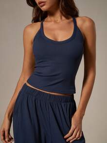 NcmRyu 1 Set Women Spaghetti Strap Ribbed Camisole & Wide Leg Pants Sports Suit - Navy Blue - View 11