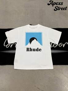 Rhude "White Mountain" Shirt,100% Cotton Printed T-Shirt,Stylish Design, Men's Graphic T-Shirt, Minimalist Design, Vintage Casual Style, Hip-Hop Style. Suitable For Outdoor Leisure Activities, Family Gatherings, And Dinners With Friends. - Trắng 2 - Xem 1
