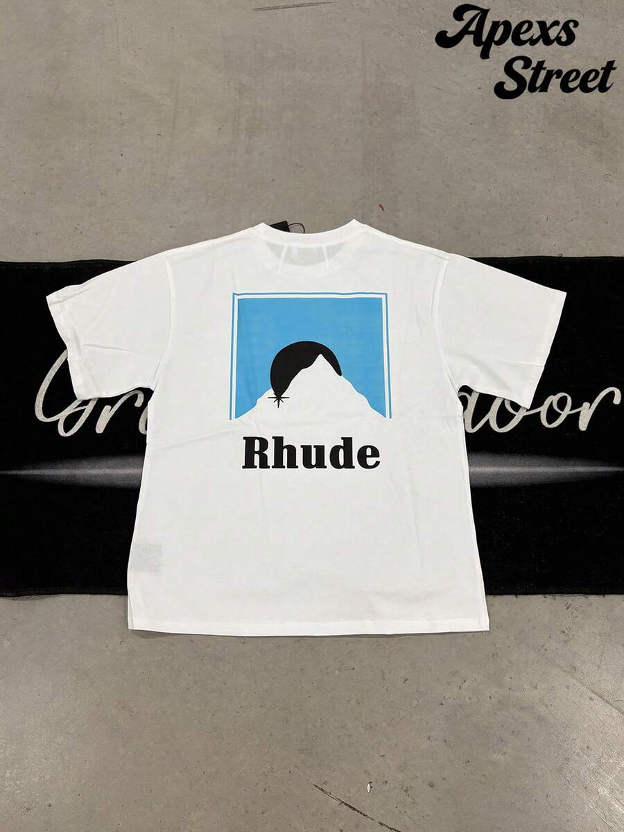 Rhude "White Mountain" Shirt,100% Cotton Printed T-Shirt,Stylish Design, Men's Graphic T-Shirt, Minimalist Design, Vintage Casual Style, Hip-Hop Style. Suitable For Outdoor Leisure Activities, Family Gatherings, And Dinners With Friends. - Trắng 2 - Xem 1